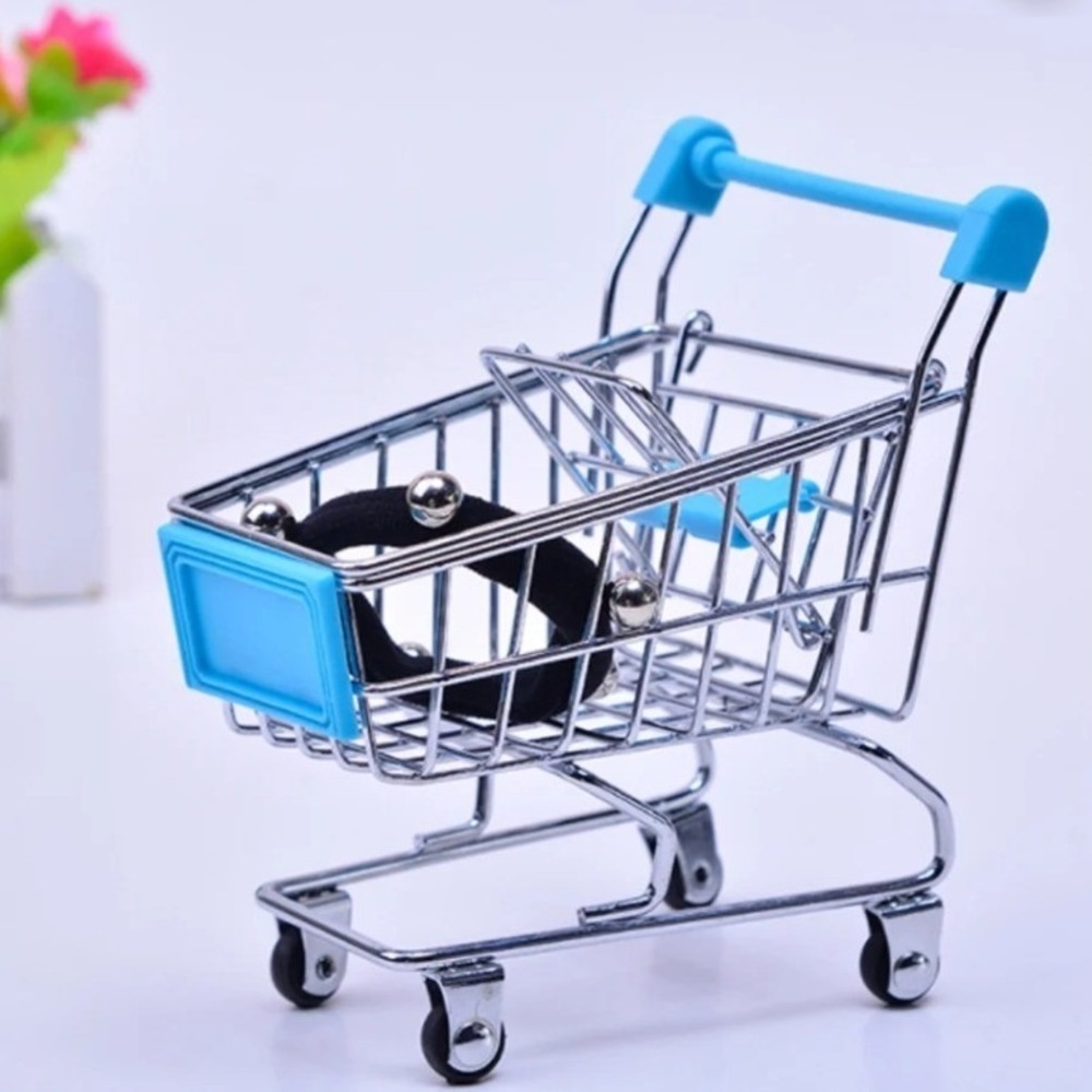 Miniature Shopping Cart Desk‎ Organizer Blue Silver Metal Tiny Grocery Prop